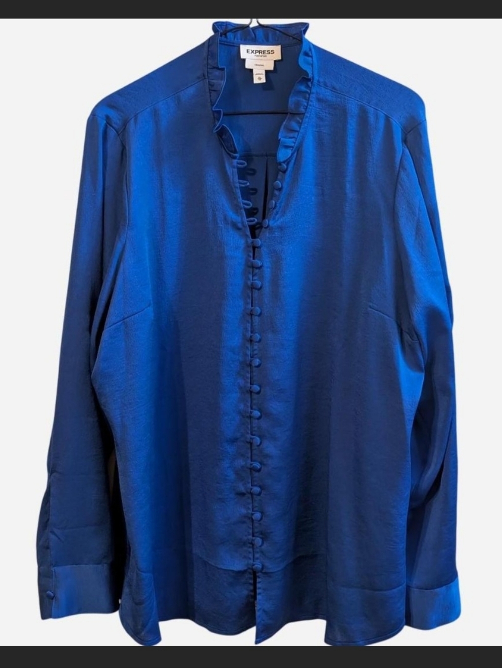 Express Royal Blue Portofino Long Sleeve Blouse w/ Ruffle Collar, Size XL
